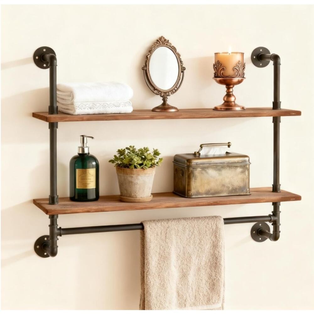 ROGMARS 30” Industrial Pipe Wall Shelf Rustic Bathroom Shelf Towel Bar